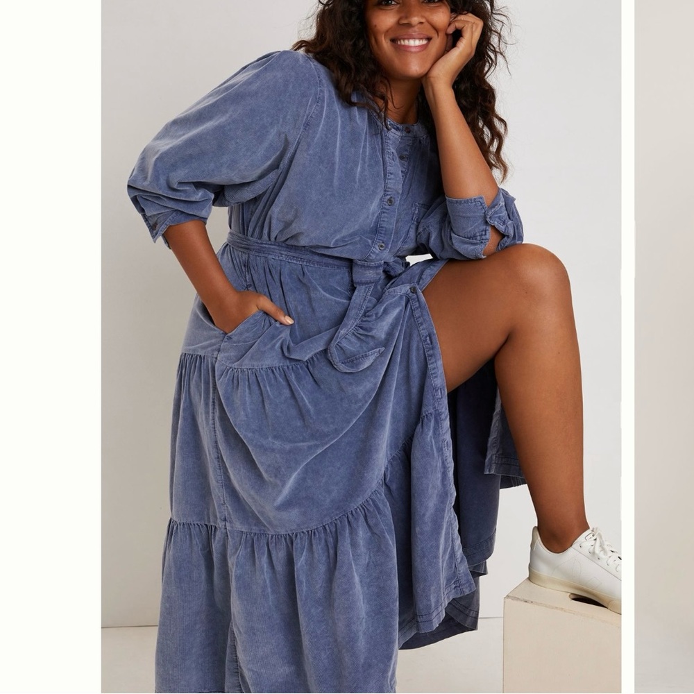 NWT Anthropologie Pilcro Marta Corduroy Dress navy blue sz Large SO PRETTY!